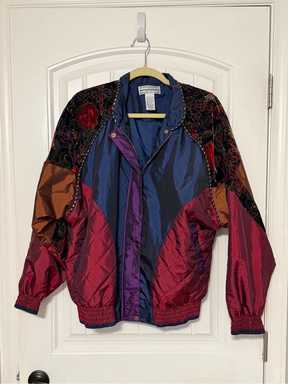 Westbound Sport Vintage Windbreaker Zip Jacket with Floral Velvet Quilted Accent
